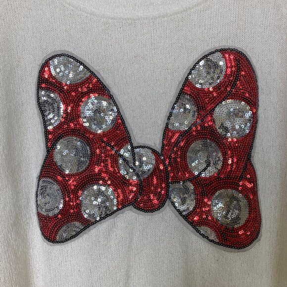 Disney Parks Minnie Mouse Sweater Womens Large Sequin Bow Knit Flaw Cosplay - Picture 4 of 9